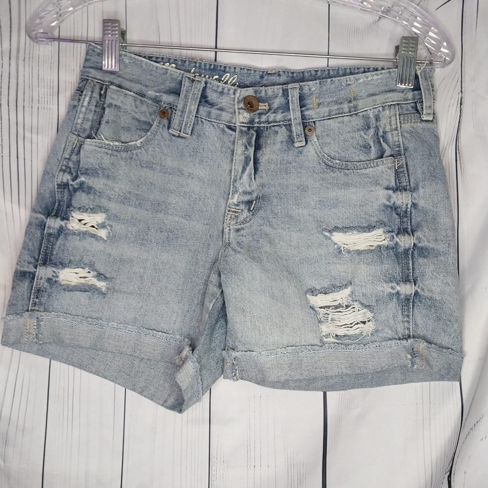 Madewell Distressed Light Blue Denim Raw Rolled Hem Shorts